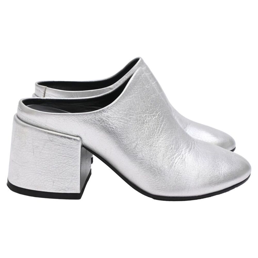Maison Margiela MM6 Heeled Mules in Metallic Silver Leather